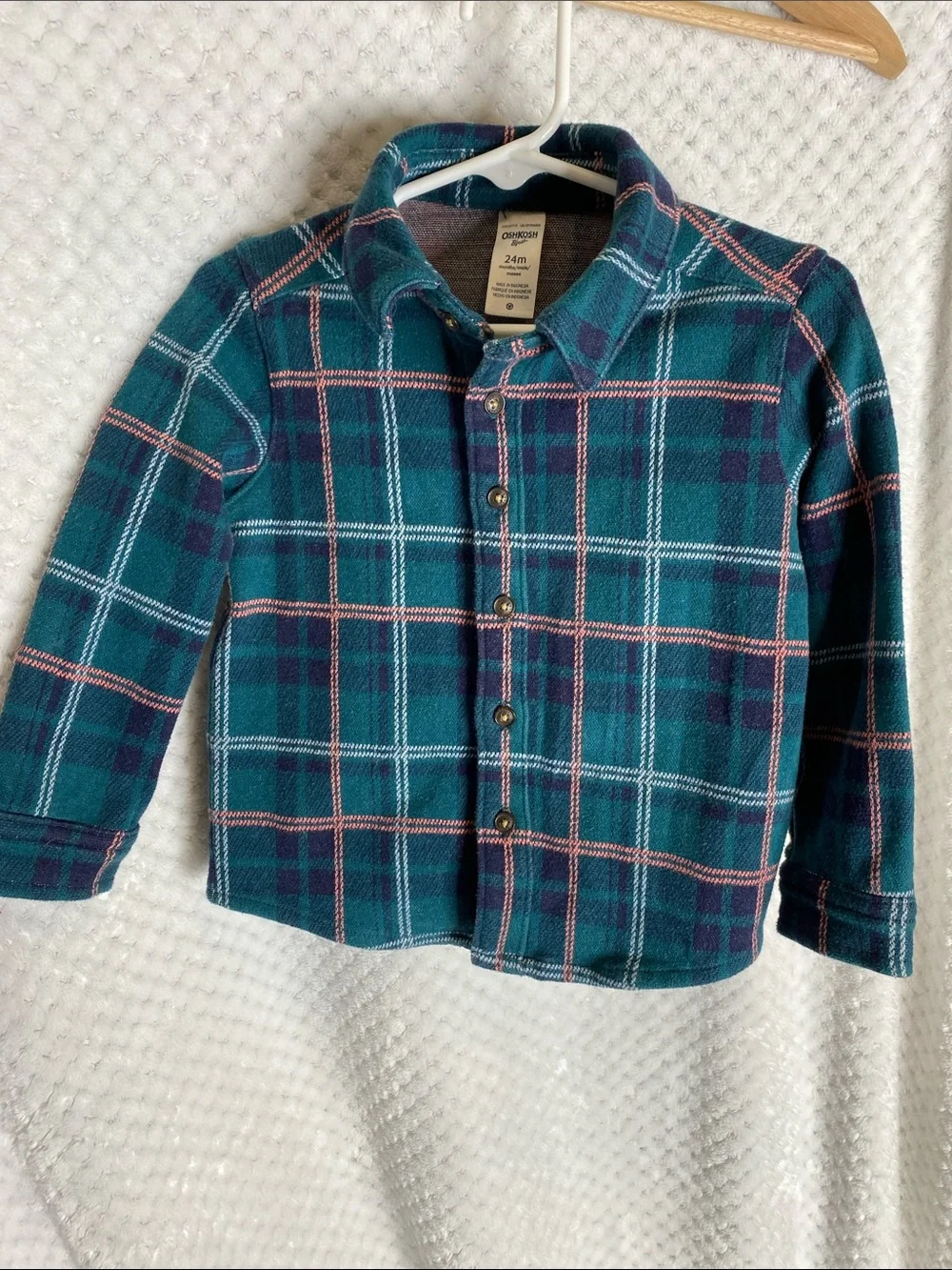OshKosh B'gosh Teal Plaid Thick Button Down Shirt with Coral Accents